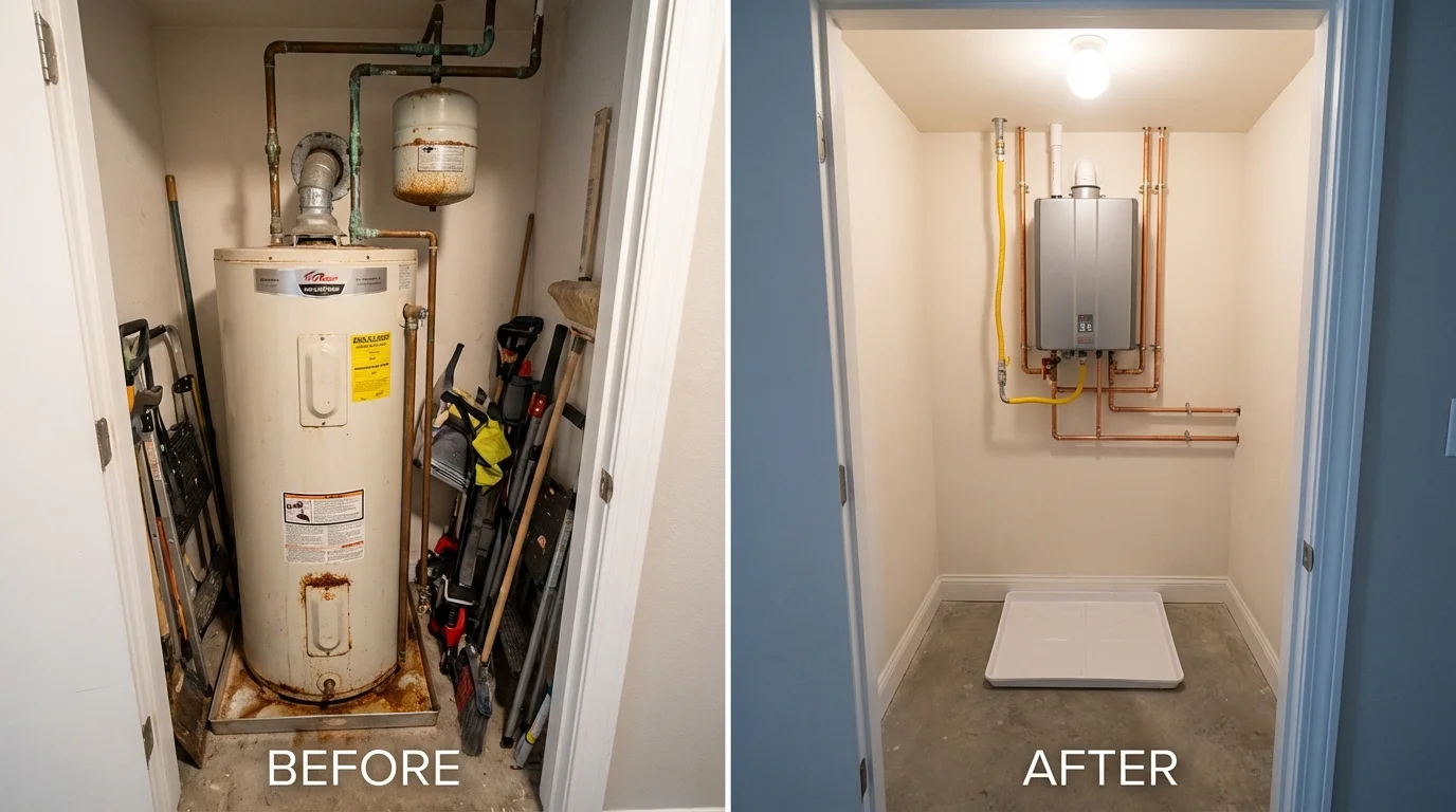 Tank water heater versus wall-mounted tankless unit comparison for Blue Grass, IA homeowners