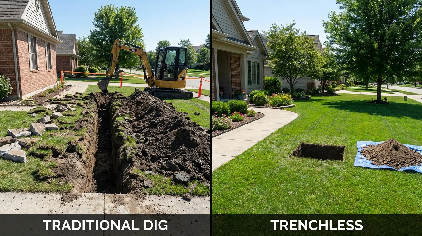 Trenchless sewer repair with minimal yard damage versus traditional excavation in Blue Grass, IA