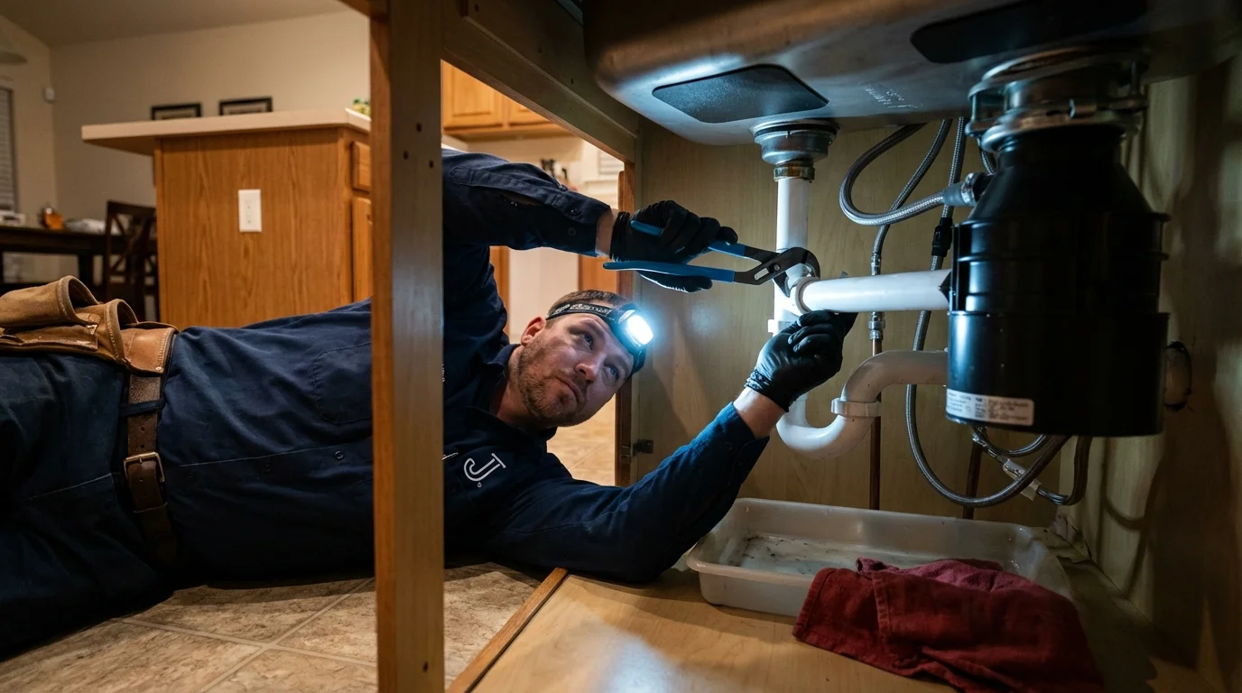 P-trap and supply line connections under a kitchen sink showing a common leak point in Blue Grass, IA